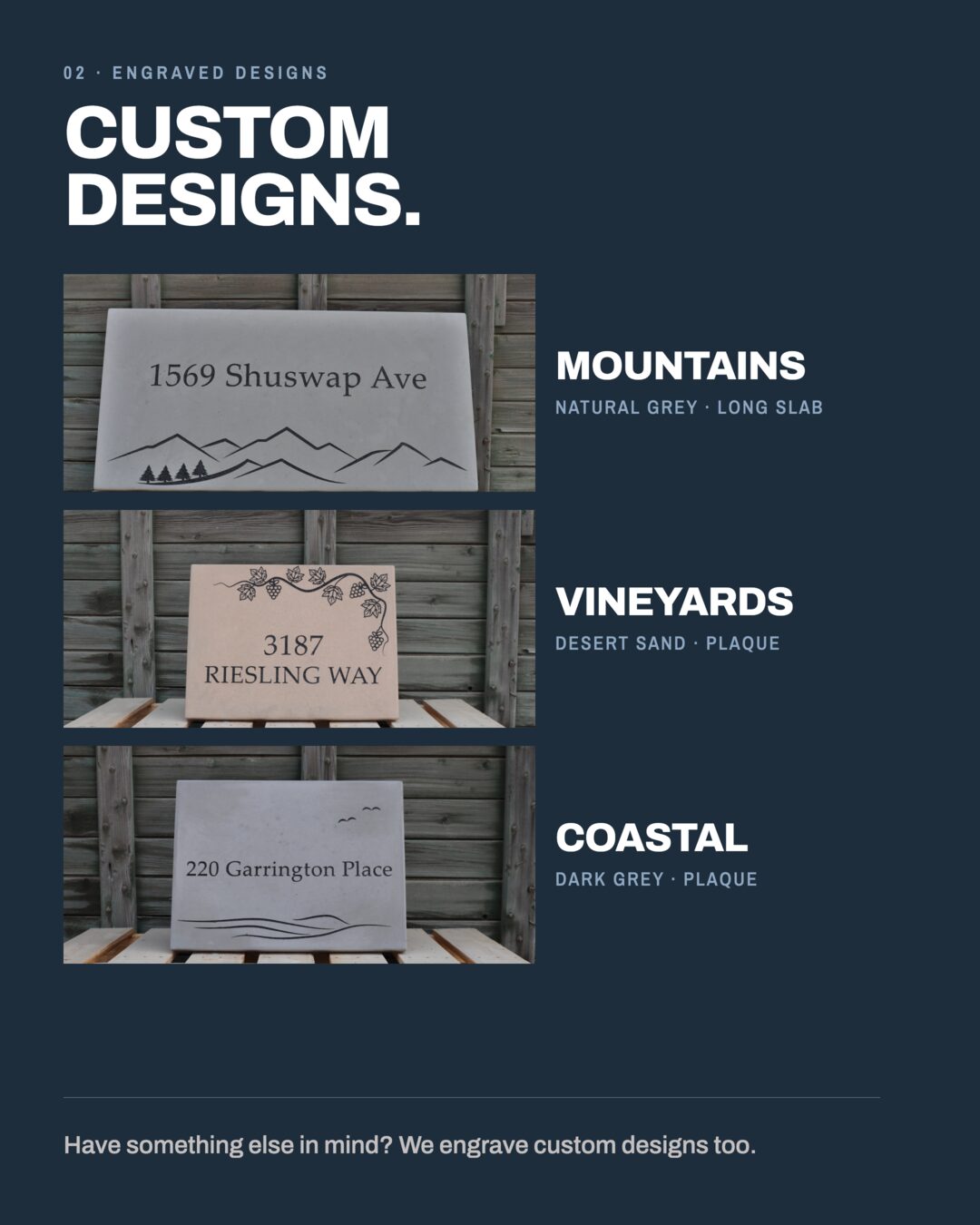 Custom engraved designs: Mountains in natural grey, Vineyards in desert sand, Coastal in dark grey.