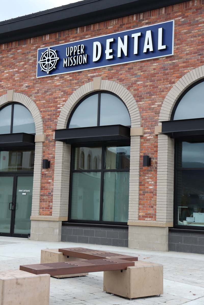 Precast entry detailing on a mixed-use building.